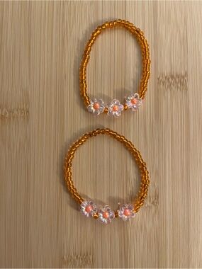 Orange Three Flower Beaded Bracelets - Set of 2